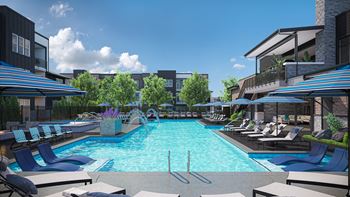 a rendering of a swimming pool with lounge chairs and umbrellas at a hotel